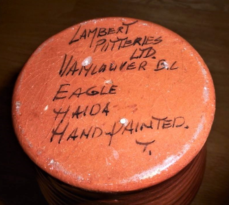 Lambert Potteries Ltd. label with handwritten title and designer's initial on a smooth base. Not dated,