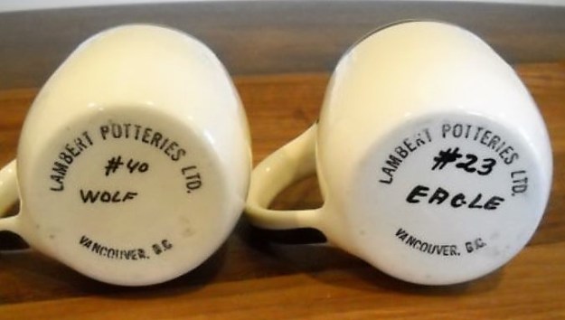 Lambert Potteries Ltd, combination decal-type and hand drawn title and production line number, on a flat base. Not dated.