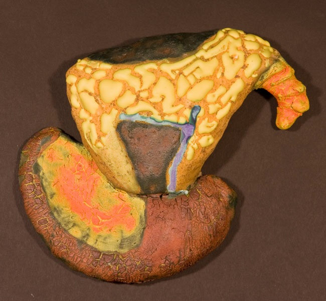Barbara Tipton. 2007. Cup on Cup/Horse on Hill. Glazed, fired clay, handbuilt, multifired wall piece. 17.8 x 19.7 x 5 cm. Collection: Alberta Foundation for the Arts.