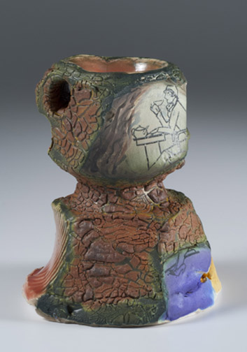 Barbara Tipton.  2015. Then and Now. Multifired, wheel and hand built, slips, layered glazes, multiple firings, decal, 10 cm.