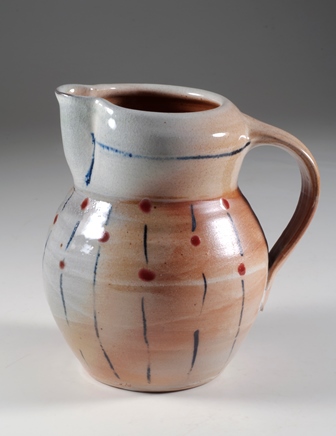 Barbara Tipton.  Dot and Line Pitcher, soda vapour glaze, handpainted stoneware, 7.5 inches.