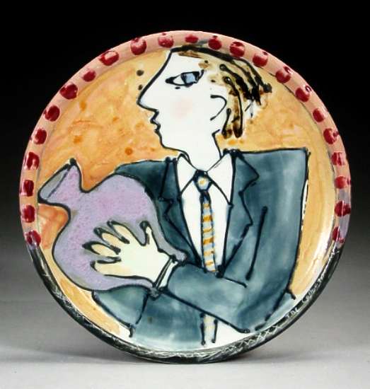 Barbara Tipton. The Collector. (ca. 1986  porcelain, with slip, underglazes and glaze, 23cm. Selfridge Collection, Edmonton. Photo: Carol and Richard Selfridge.