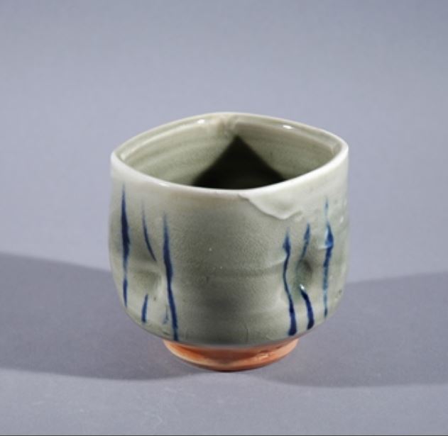Barbara Tipton. c.2016. Yunomi. Wood and soda-glazed porcelain, celadon impressions, handpainted. 8.9 x 8.9 cm.