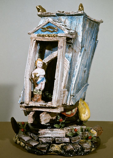 Victor Cicansky. 1973. Singing the Joys of an Agrarian Society. Clay, glaze, plastic flowers. 48.9 x 34.9 x 34.3 cm.