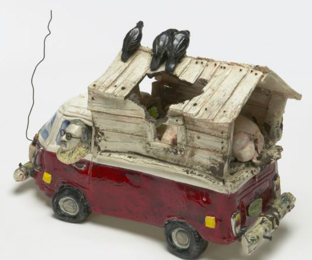 Victor Cicansky. VW Bus with Pig, 1974 . earthenware, glaze, mixed media. 27 x 43 x 19 cm . The Canada Council Art Bank.