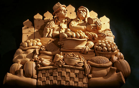 Victor Cicansky. The Old Working Class – 5. Terra cotta. 152.5 cm x 183 cm x approx. 38cm. 1978. Sturdy-Stone Centre, Saskatoon.