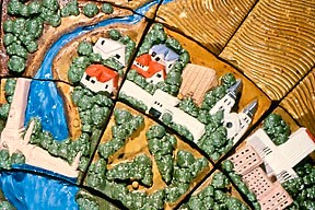 Victor Cicansky. Regina My World. Clay, glaze. 307.3 cm diameter.1979 in the Co-Operators Building, Regina. Detail.