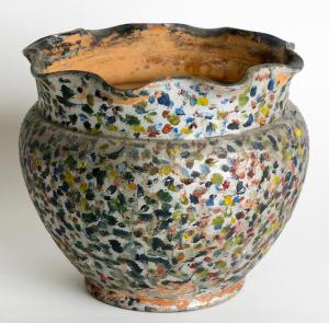 Description: PETER RUPCHAN (Ukrainian/Canadian, 1883-1944) "Colourful Pot With Scalloped Rim" - Clay pot with applied paint. 7 x 8 x 8 in.