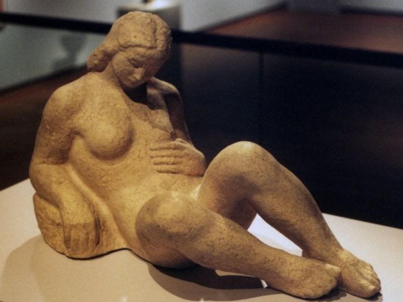 Pierre-Aime Normandeau; c.1940-45. Crouching Woman. Earthenware