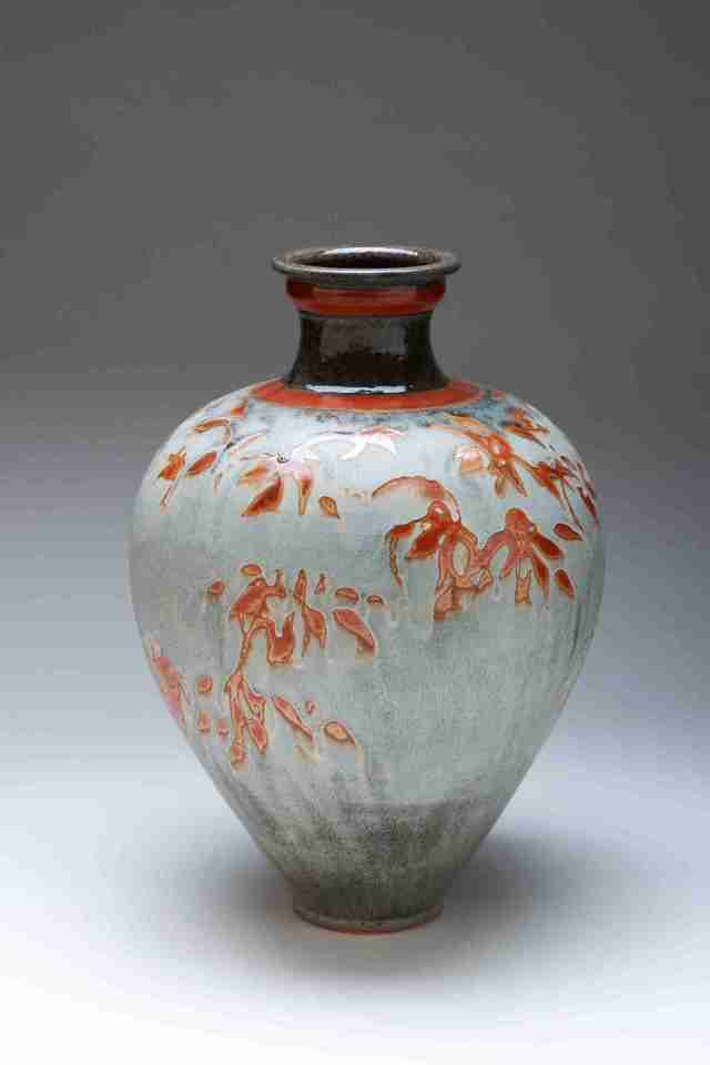 Valerie Metcalfe. 2013. Leaves in the Mist. Grey painted vase. Porcelain,. 40.6 cm h.