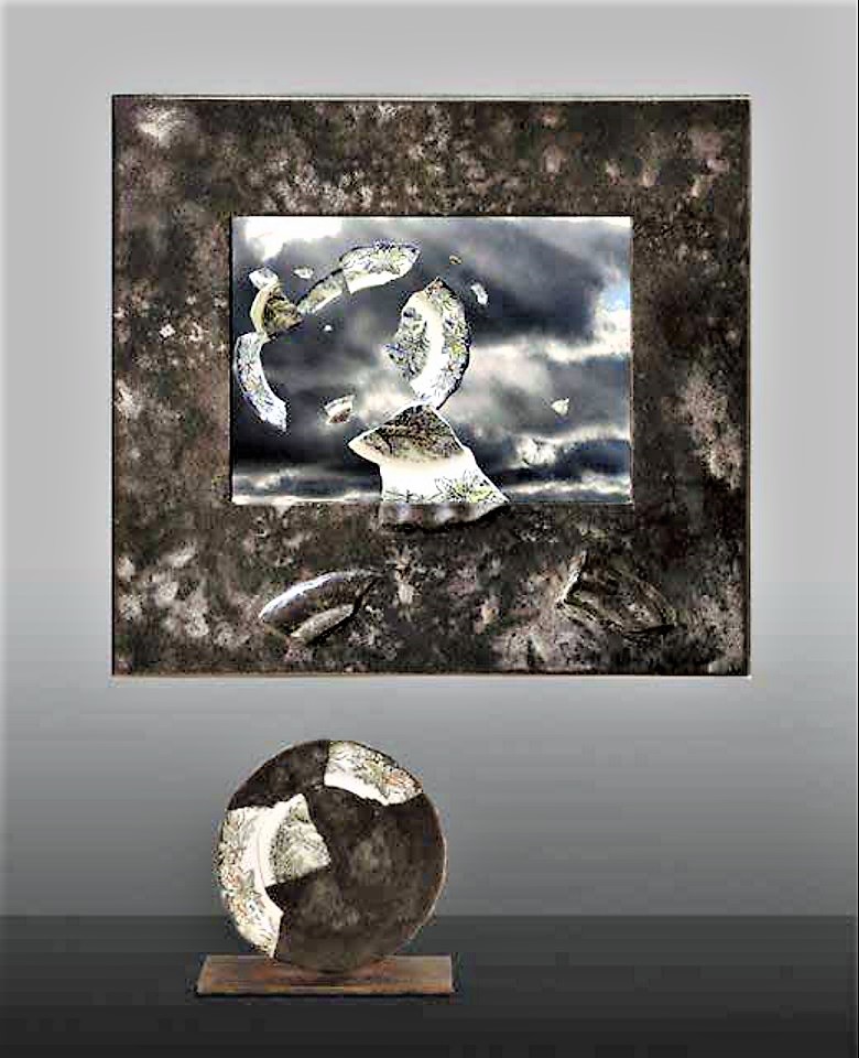 Peter Powning . Dish Redux. 2012. Re-imagined china dish in two parts. 50.8 h x 55.9 x 20.3 cm dia. Cast aluminum, archival print, slumped glass, cast bronze and china plate.