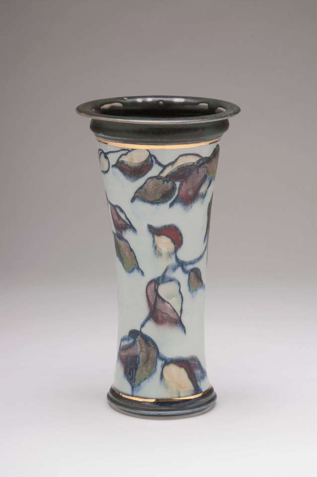 Valerie Metcalfe. Forest vase. 2018, Porcelain and Gold Lustre. Carved Mishima design with painted glazes, underglazes and wax. 38.1 cm high.