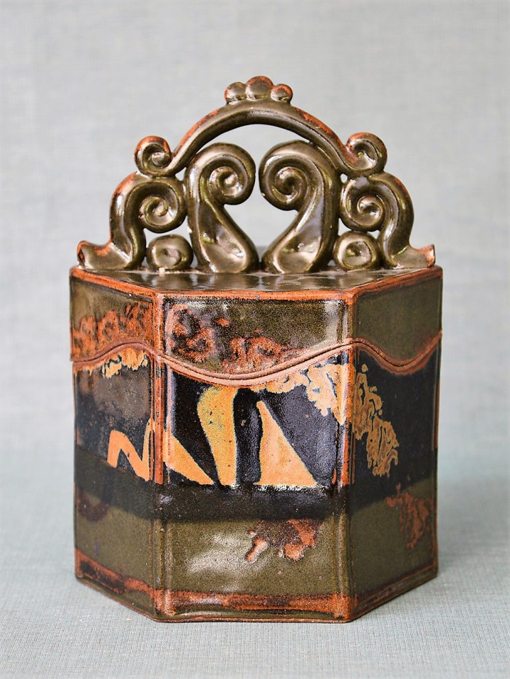 Donn Zver. 1973-74 hexagon jar with crested handle. Art Gallery of Burlington Collection.