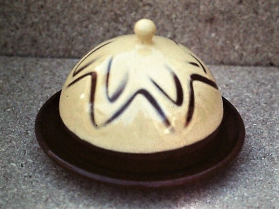 Tim Worthington, 1977, Cone 03 Earthenware, finger combing in white slip. We were starting to cover the brown clay with white clay to give us a ground to decorate on.