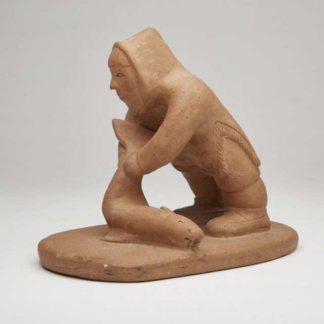 Laurent Aksadhuak (1935-20021, E1-17, Rankin Inlet / Kangiqliniq. Inuk with Fish. unglazed ceramic, signed in syllabics and with disc number. 20.3 x 22.9 x 15.2 cm.