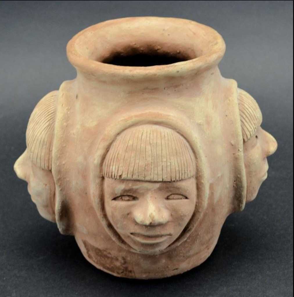 Laurent Aksadjuak. Pot with Four Faces. c. early-mid 1970's. Ceramic. 17.8 cm. Photo Walkers Auctions.