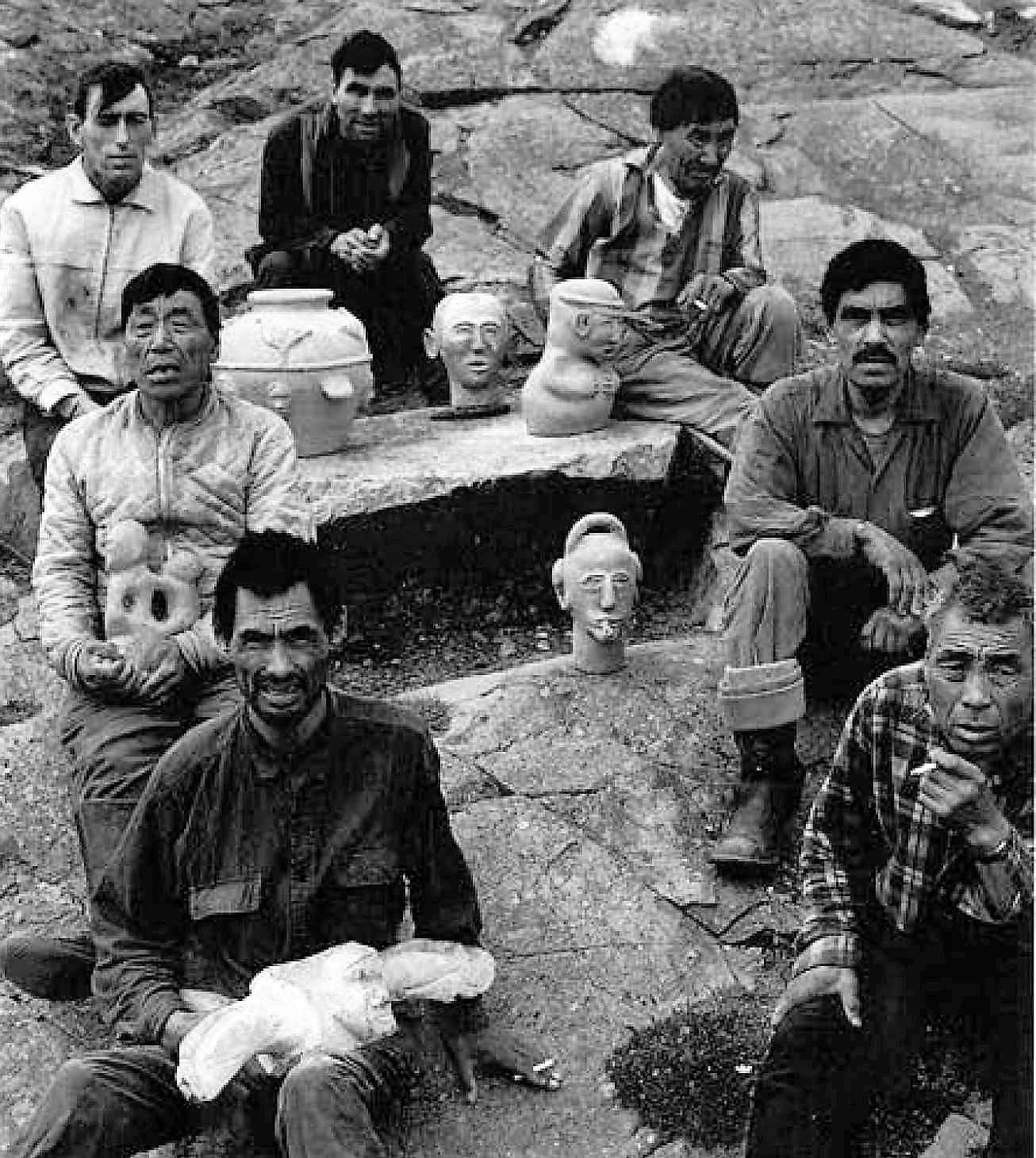 A group of carvers. in Rankin Inlet. The Sad Tale of the Rankin Inlet Ceramics Experiment - 1963-1975. by Dave Sutherland. Inuit Art Quarterly, Vol. 9, No. 2 Summer 1994.