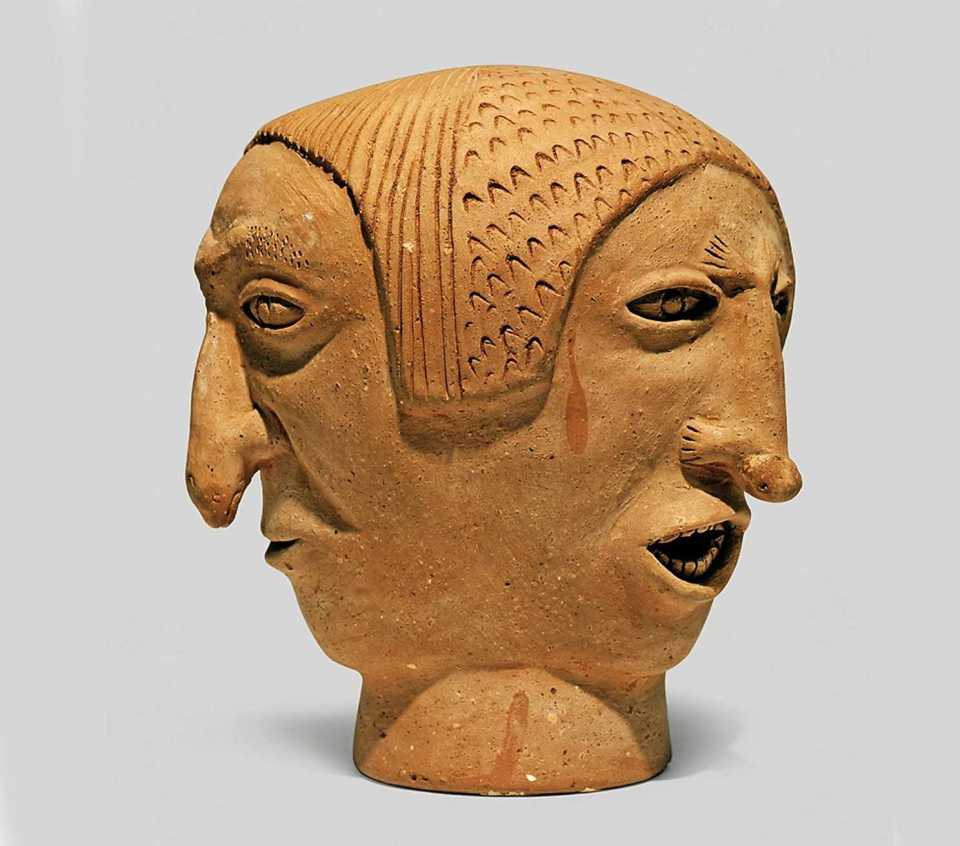 Robert Tatty (1927-2009). Three Faces With Animal Noses, c.1966, Clay, 25.4 x 21.6 x 23.5 cm. Photo: Winnipeg Art Gallery.