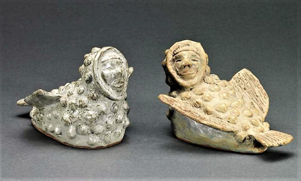 Eli Tikeayak (1933-1996). Two Bird/Shamans. Ceramic. 12.7 x 15.9 x 17.81 cm. Signed In syllabics.
