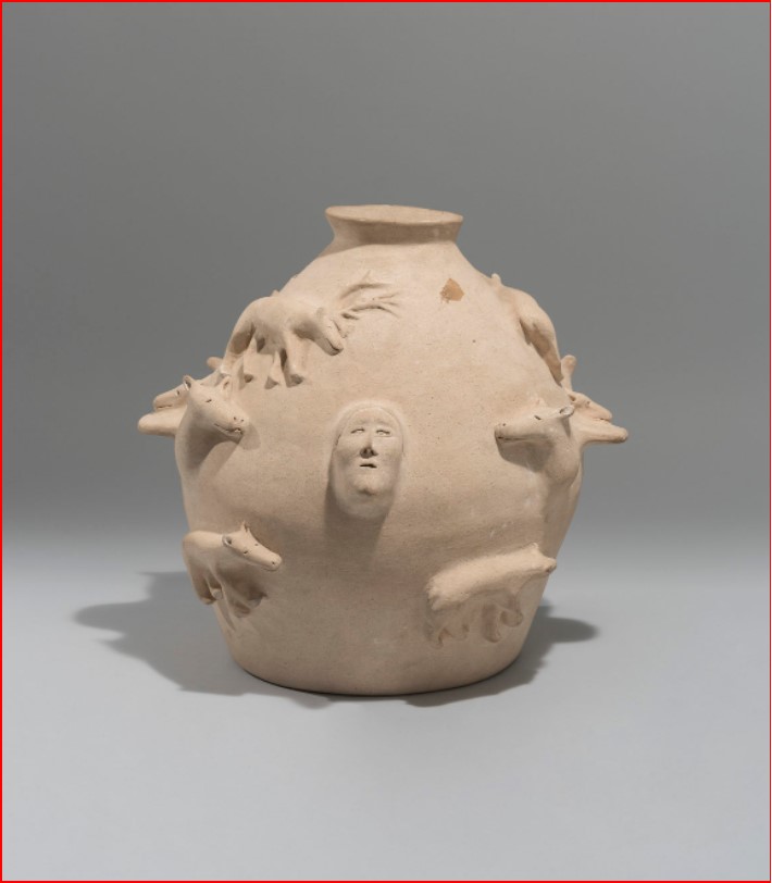 Donat Anawak. Decorated Pot. 1966. Clay. 37.6 x 41 x 39 cm. Government of Nunavut Fine Art Collection; On long-term loan to the Winnipeg Art Gallery.