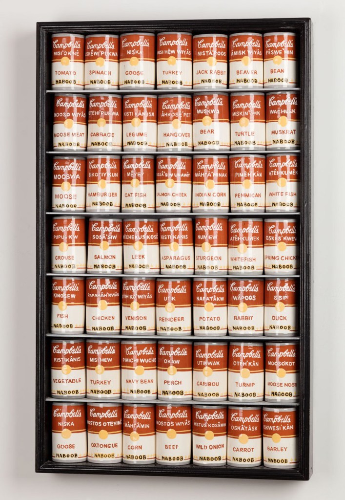 Judy Chartrand. Métis Soup Cans, 2001/detail. Slip-cast low-fire clay, underglaze, glaze. Photo: Kenji Nagai.