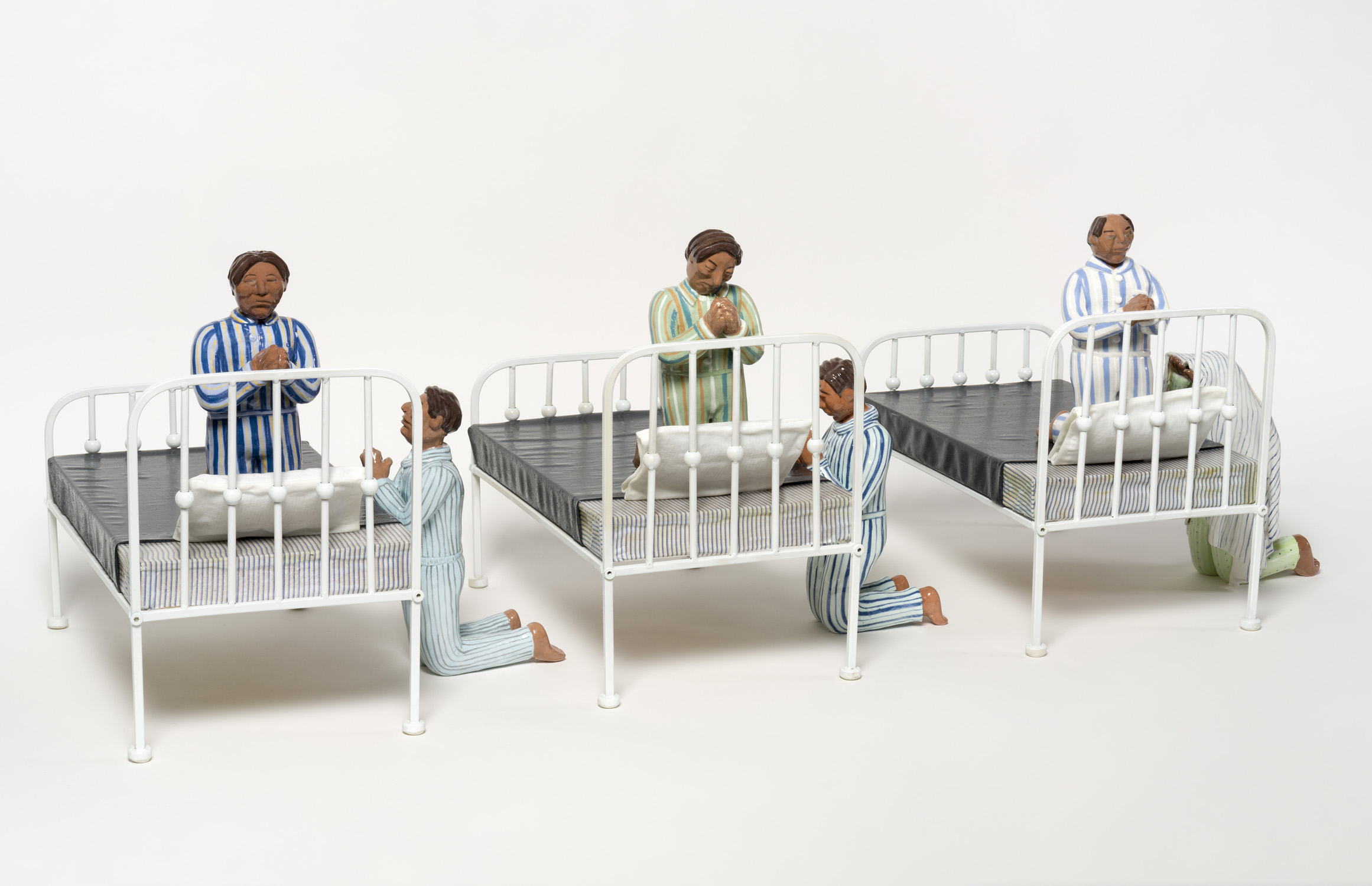 Judy Chartrand. Indian Residential School Boy’s Praying We Get the Hell Out of Here, 2019, ceramic and mixed-media, detail, Rennie Collection. Photo: Blaine Campbell.