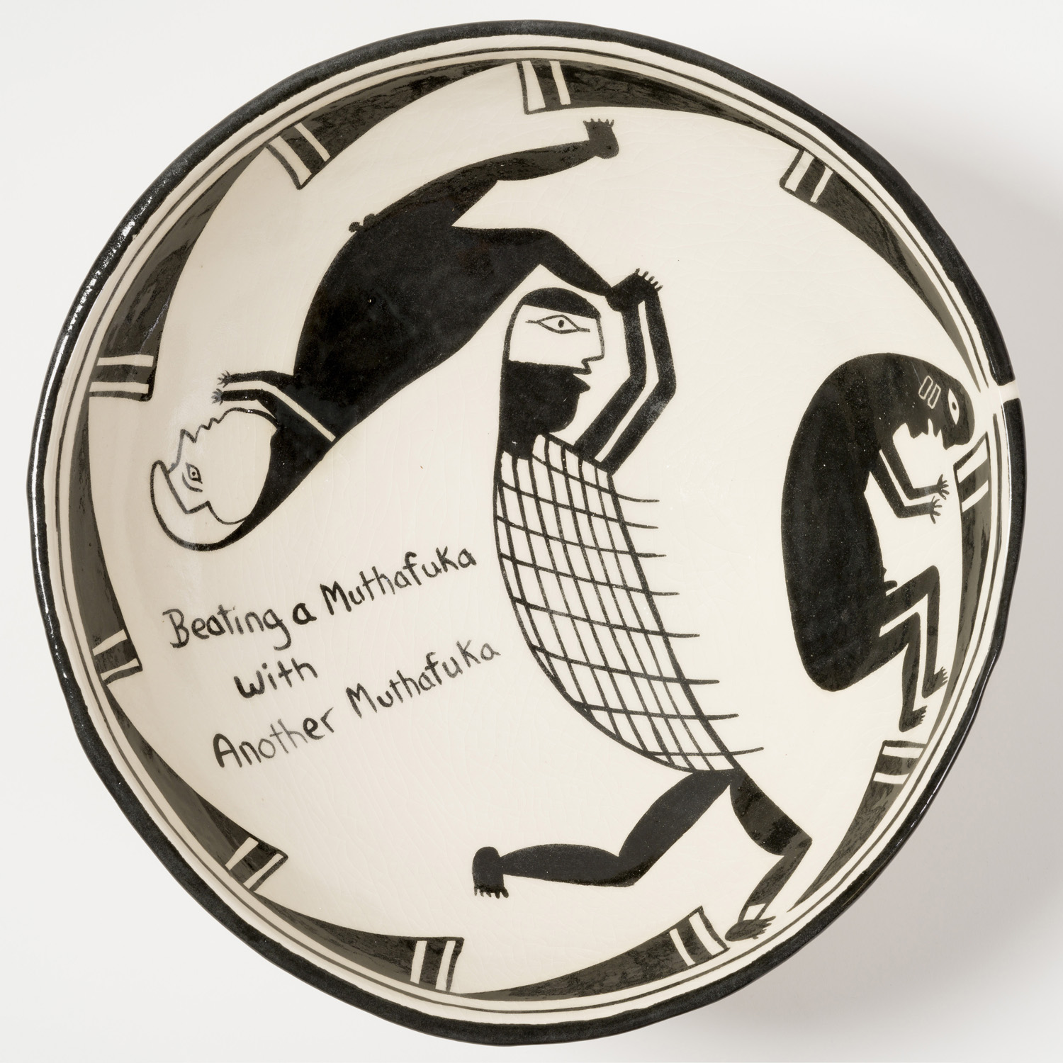 Judy Chartrand. Beating a Muthafuka with a Trump Muthafuka,2019, low fire glazed and stamped paper clay, 27.5 x 28 x 11.5 cm, Rennie Collection. Photo: Blaine Campbell.