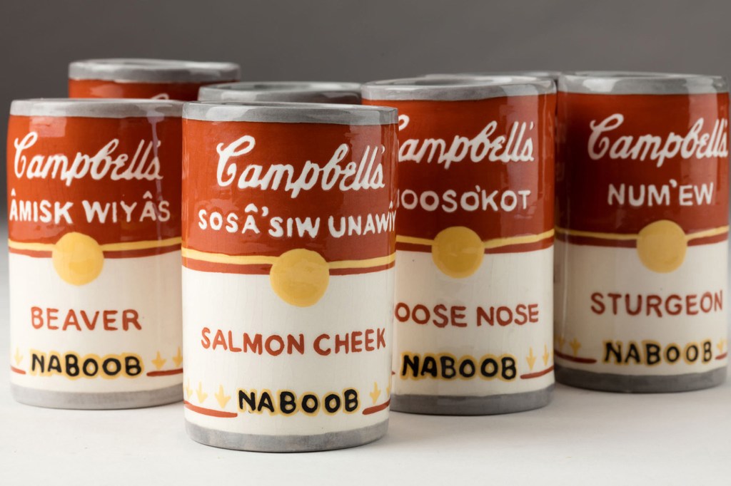 Judy Chartrand. Métis Soup Cans, 2001, detail. Slip-cast low-fire clay, underglaze, glaze. Photo: Kenji Nagai.