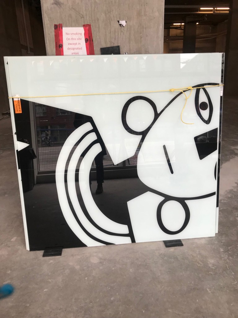 Judy Chartrand. Atira Development Society, Olivia Skye Building, 41 East Hastings St., Vancouver, BC; detail of panel during installation. Public art commission, 2018.