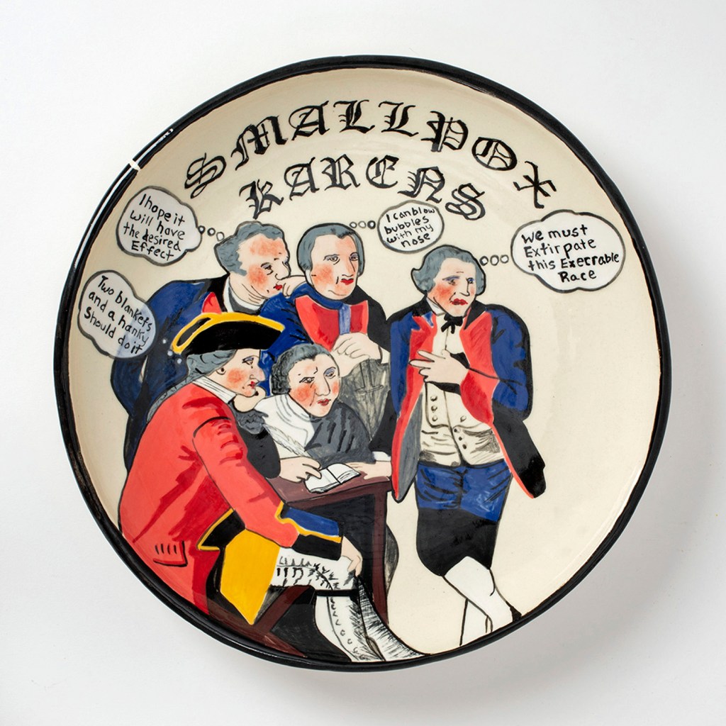Judy Chartrand. Peace Talk Fuckery (1763) 2022, low fire paper clay, underglaze, glaze, 34 x 34 x 5 cm. Image courtesy of Ferrin Contemporary Gallery, North Adams, MA. Photo: John Polak