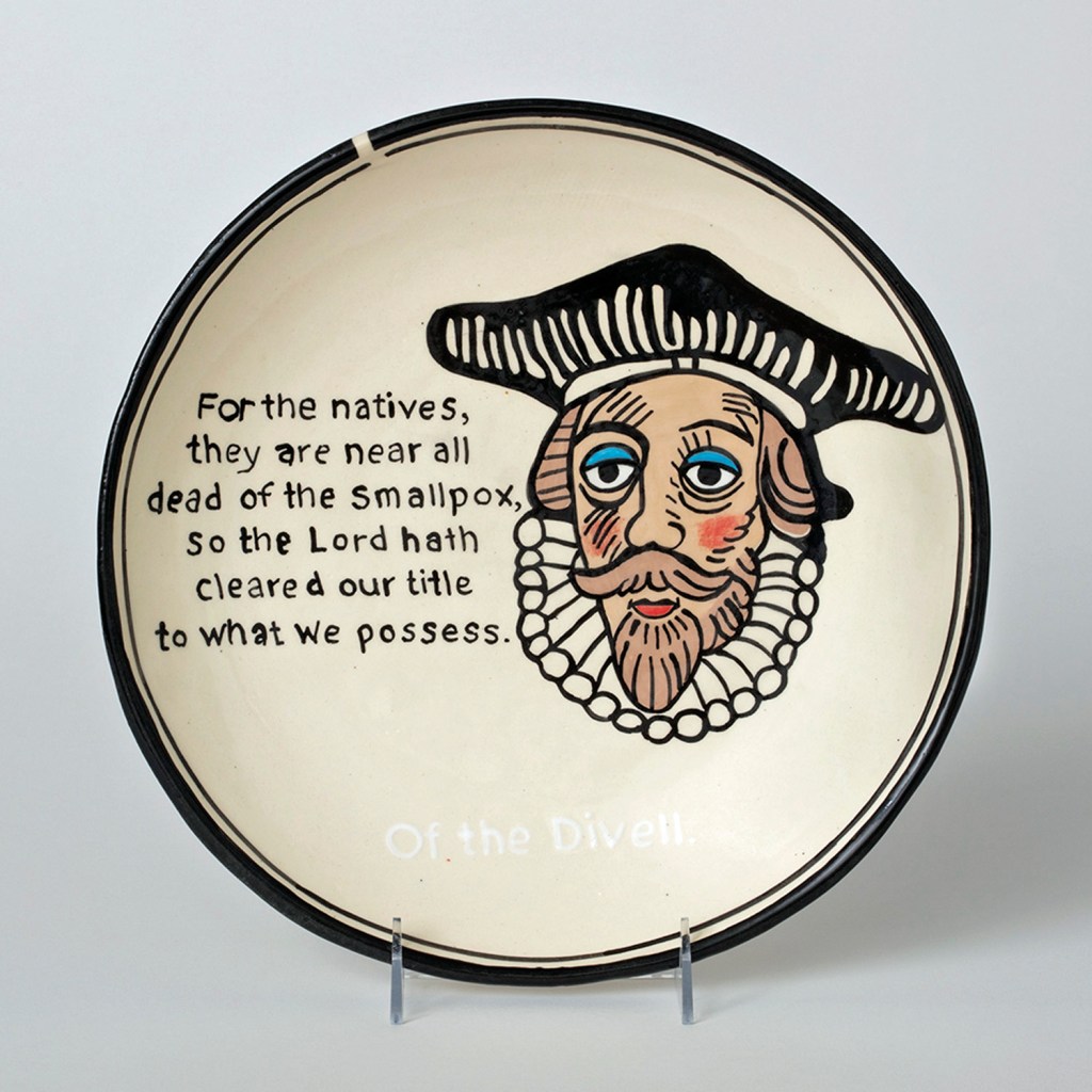 Judy Chartrand. Of the Divell, 2022, low fire paper clay, underglaze, glaze, 34 x 34 x 5 cm. Image courtesy of Ferrin Contemporary Gallery, North Adams, MA. Photo: John Polak