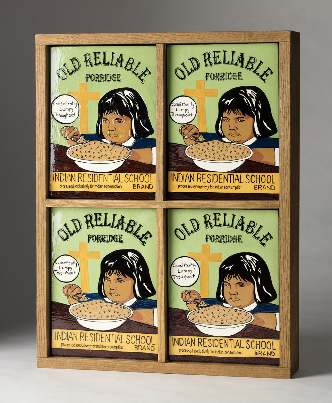 Judy Chartrand. Indian Residential School Brand Porridge, 2004, 60 x 49 x 9.5 cm, Rennie Collection. Photo Kenji Nagai