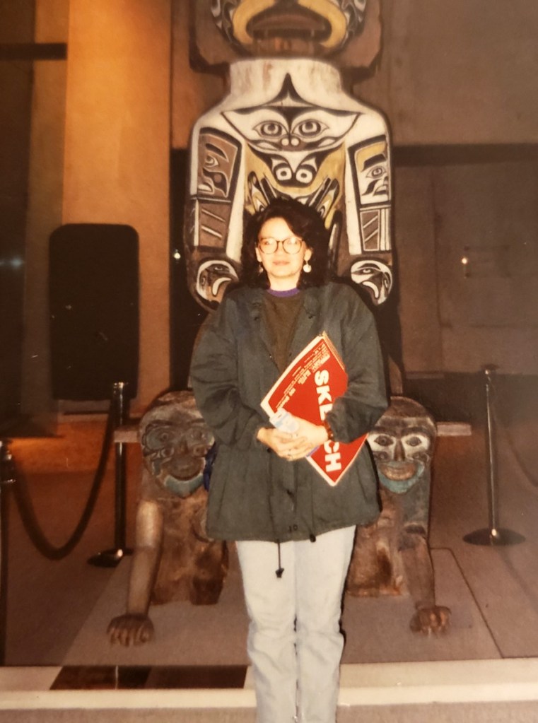 Judy Chartrand on a sketching trip to the Museum of Anthropology, UBC, while a student at Langara College, Vancouver, c.1996.